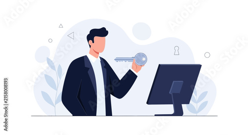 Businessman holding key near computer, representing access, security, and digital solutions in modern business.