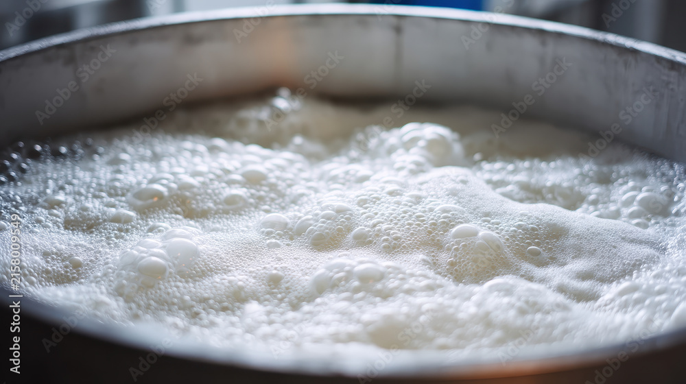 Fototapeta premium Fresh milk foam bucket bubble dairy liquid close up forming in metal container, white froth texture during food preparation