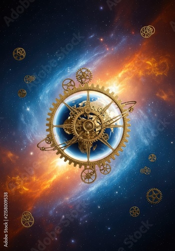 Vibrant celestial steampunk scene with brass gears orbiting glowing planets amidst cosmic star clouds in deep blue and warm orange tones, invention, detail, gold