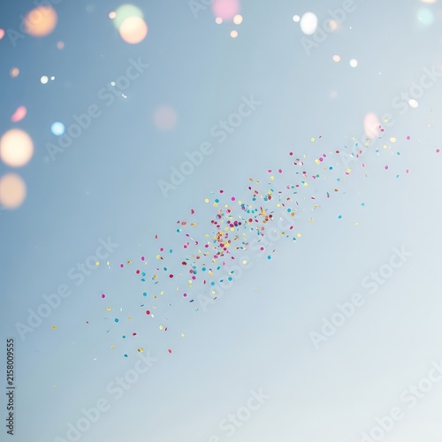 Vibrant colorful confetti floats gently through a soft dreamy blue sky with magic bokeh light effects for a minimalist festive background, modern, bright, pastel