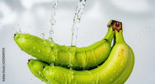 Vibrant green bananas under a stream of flowing water with sparkling droplets, emphasizing freshness, health, and natural organic nutrition, ingredient, bright, flow