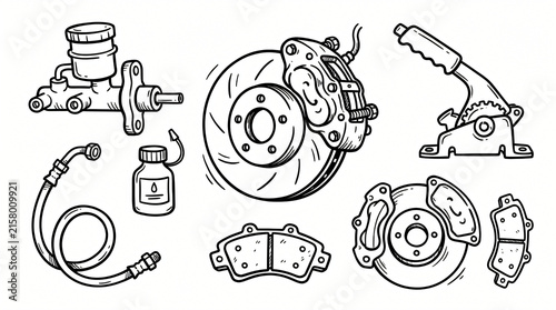Car brake system and auto replacement parts hand drawn illustrations set. Vintage doodle drawings of vehicle stopping mechanism components. Clean line art collection for repair garage branding.