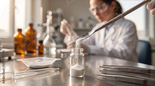 Scientist carefully pouring white chemical powder into a glass vial in a bright laboratory