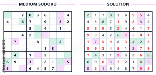 Medium Sudoku puzzle and its solution on a grid layout  