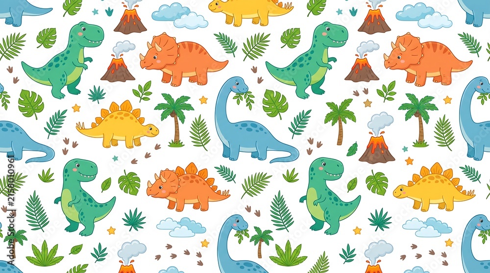 Obraz premium Cute Cartoon Dinosaur Seamless Pattern with Volcanoes Palm Trees and Tropical Leaves