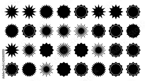 Vintage starburst price tag sticker bundle featuring black vector star shapes, retro sunburst labels, geometric badges, and promotional retail discount elements