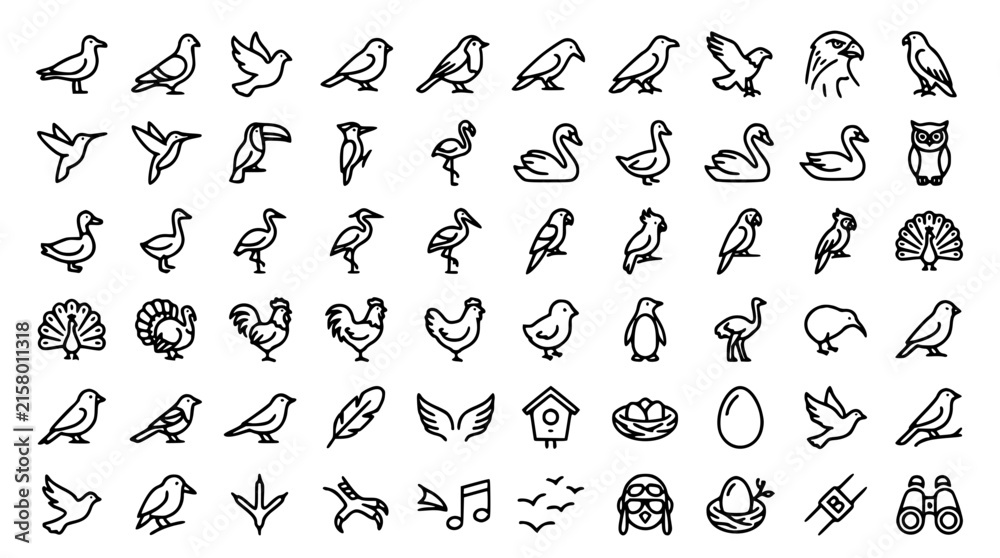 Obraz premium Mega Pack Wildlife Bird Vector Line Icon Set Featuring Eagle Owl Swan Duck Parrot Peacock Hummingbird Flamingo and Ornithology Nature Conservation Symbols