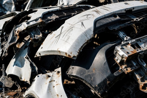 Pile of crushed car scrap metal in junkyard. Wrecked automobile body parts with rust, scratches lie in heap. Damaged white, black vehicle frames stay at salvage dump for recycling steel, metal waste