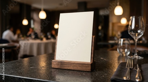 A blank vertical card sitting in a dark wooden holder on a polished restaurant table surface.