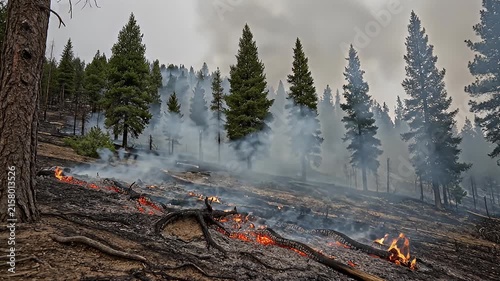 Controlled Prescribed Wildfire Burns Smoldering Forest Floor on Steep Rocky Slope with Pine Trees