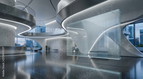 A sleek transparent glass advertising panel suspended in a modern minimalist corporate lobby space.