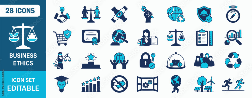 Fototapeta premium Business Ethics Icon Set Featuring Integrity Compliance Transparency Corporate Responsibility And Fair Trade Governance Concepts