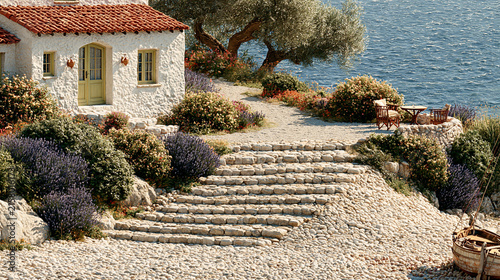 Mediterranean Seaside House Beyond Lavender Stone Steps