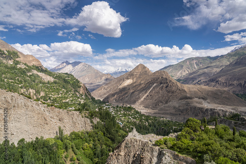 Scenic mountain landscape view of Hunza valley in summer seen from Baltit fort, Karimabad, Hunza, Gilgit Baltistan, Pakistan