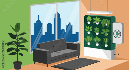 Modern living room interior with indoor vertical garden and city view