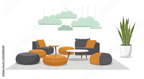 Modern lounge area with grey armchairs and orange floor cushions