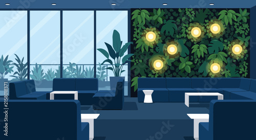 Modern lounge interior with vertical garden wall and blue sofas
