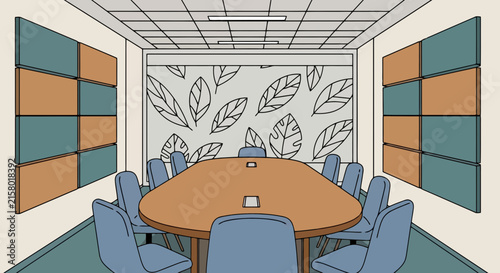 Modern office boardroom interior with large conference table and chairs