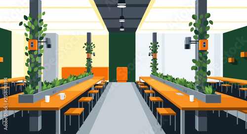 Modern office interior with long desks and climbing indoor plants