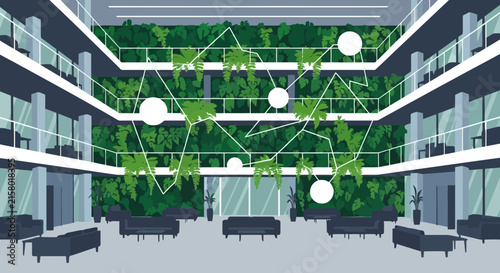 Modern office lobby interior with vertical garden wall and network nodes