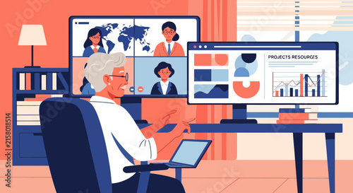 Senior woman participating in online video conference and working at office desk