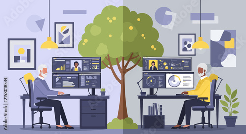 Two colleagues working remotely on computers divided by a green tree in a split screen office concept illustration