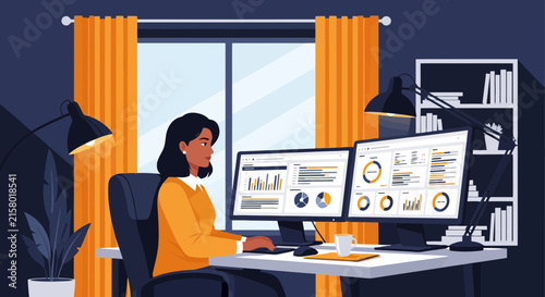 Woman analyzing financial data on dual computer monitors in home office
