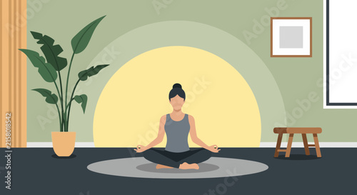 Woman meditating in lotus pose inside a peaceful living room interior