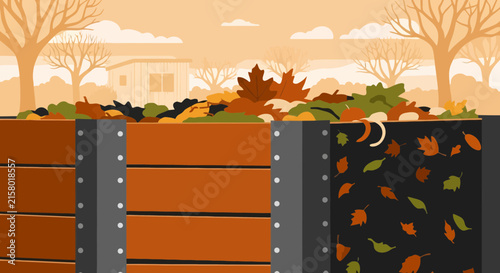 Wooden compost bin with autumn leaves in a backyard garden setting