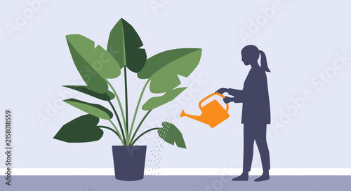 Woman watering a large indoor potted plant with an orange can