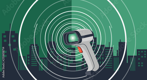 Barcode scanner device emitting glowing digital radar waves over city skyline