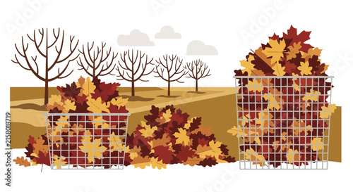 Baskets filled with colorful autumn foliage in a park with bare trees