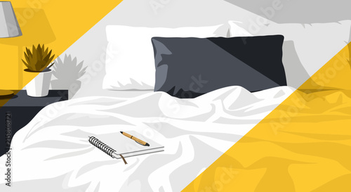 Bedroom interior vector illustration featuring a cozy bed with pillows and notebook
