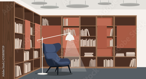 Cozy reading corner with blue armchair and floor lamp in library room