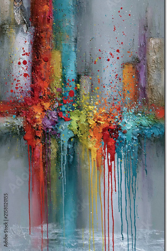 Abstract Colorful Paint Drips On Textured Gray Wall