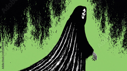 Hooded Dark Figure Against Abstract Green Brush Texture