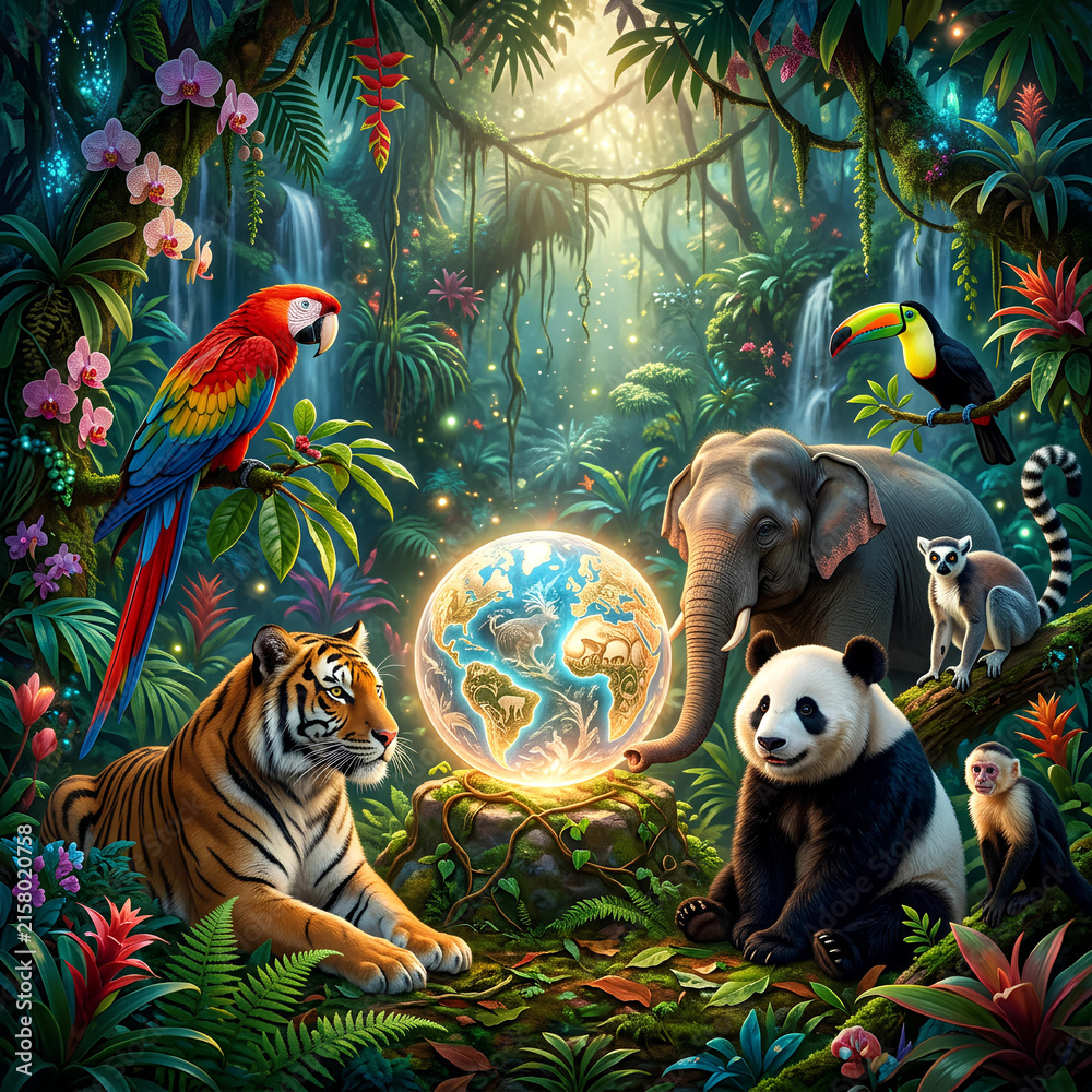 Naklejka premium Diverse wild animals gathered around a glowing planet Earth.