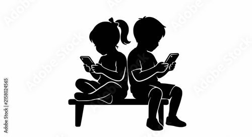 Children sitting on bench using smartphones silhouette vector illustration, back to back.