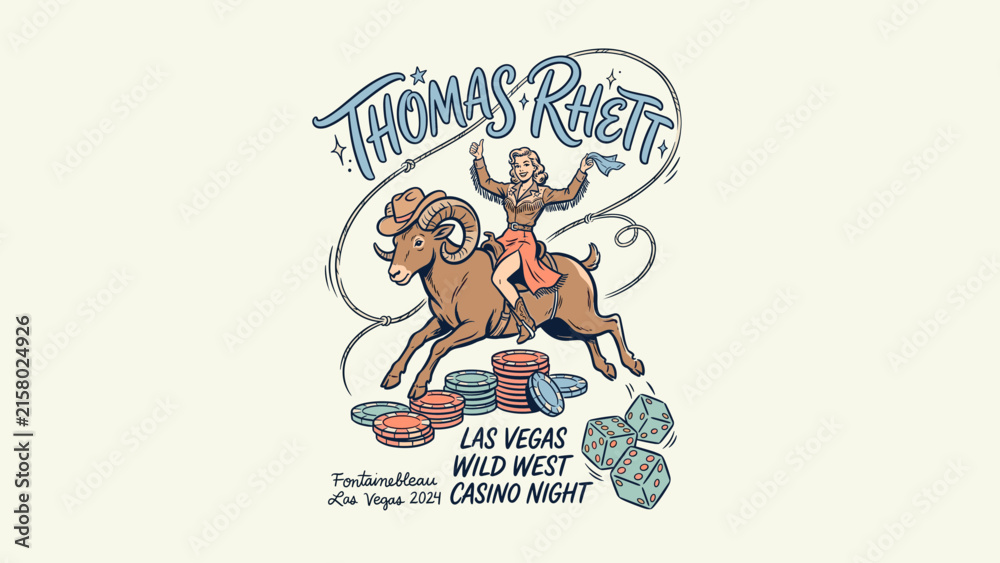Fototapeta premium Vintage Wild West Casino Night Illustration Featuring a Cowgirl Riding a Bighorn Sheep Over Gambling Chips and Dice, Retro Western Theme with Hand Drawn Comic Style and Lasso Rope Borders.