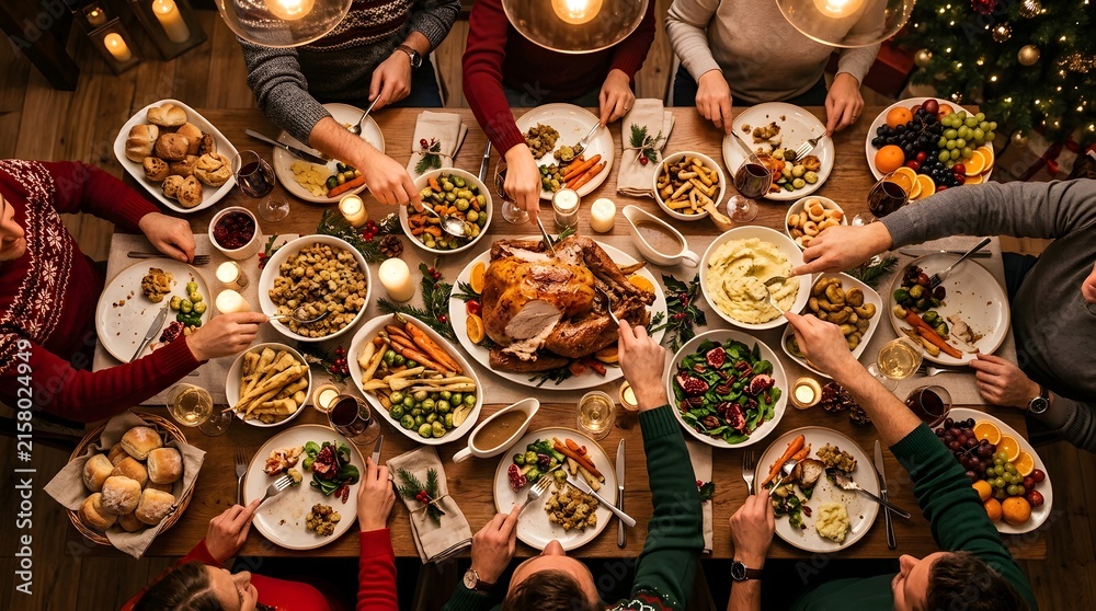 Fototapeta premium A vibrant and joyful thanksgiving feast plates overflowing with delicious food and warm memories shared with loved ones a celebration of gratitude