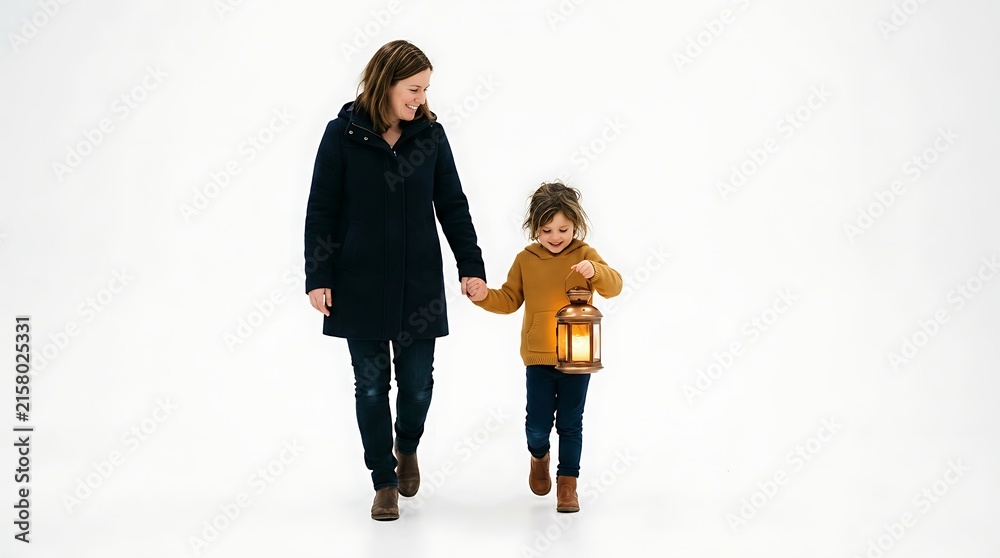 Obraz premium Mother holding hand with small child carrying glowing vintage lantern against plain white studio background with mother her young child walking together while holding hands