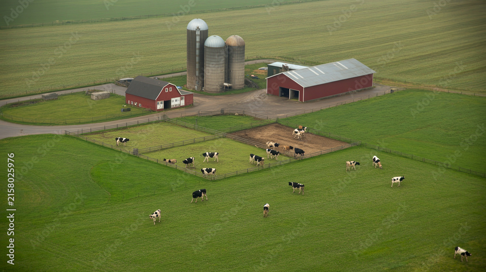Fototapeta premium Aerial view of a realistic dairy farm with barns silos and cow pastures