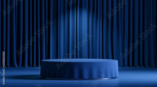 Empty Stage with Blue Curtains and Platform for Performance or Presentation.