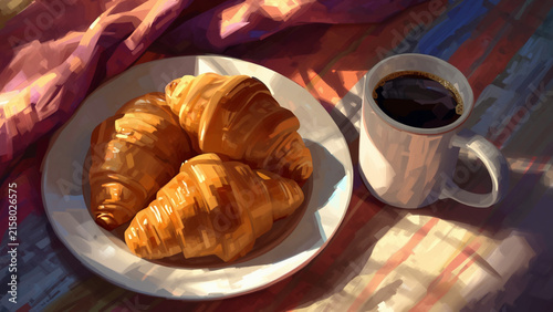 Warm Morning Sunlight Coffee and Golden Croissants Breakfast