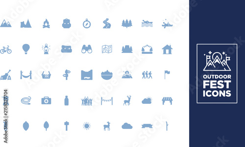 Blue outdoor festival and camping vector icon set featuring adventure equipment, nature elements, and recreation symbols