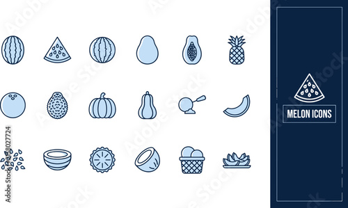 Collection of assorted fruit icons in a flat design style, featuring watermelons, bananas, pineapples, and more