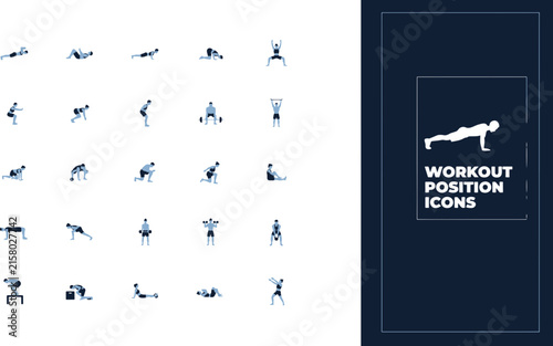 Comprehensive Collection of Blue Fitness Exercise and Workout Position Vector Icons
