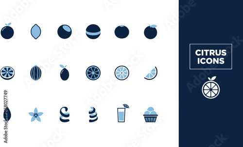 Blue and dark blue citrus fruit icon set with whole fruits, slices, leaves, flowers, peel, and juice drinks on a white background