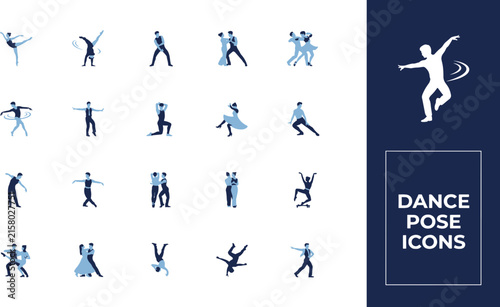 A comprehensive collection of elegant and dynamic dance pose icons, illustrating various styles of movement and artistic expression through human figures