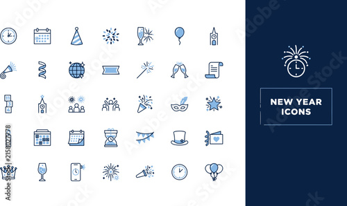 Linear celebration symbols for holiday events featuring fireworks champagne clocks and party decorations for greeting designs